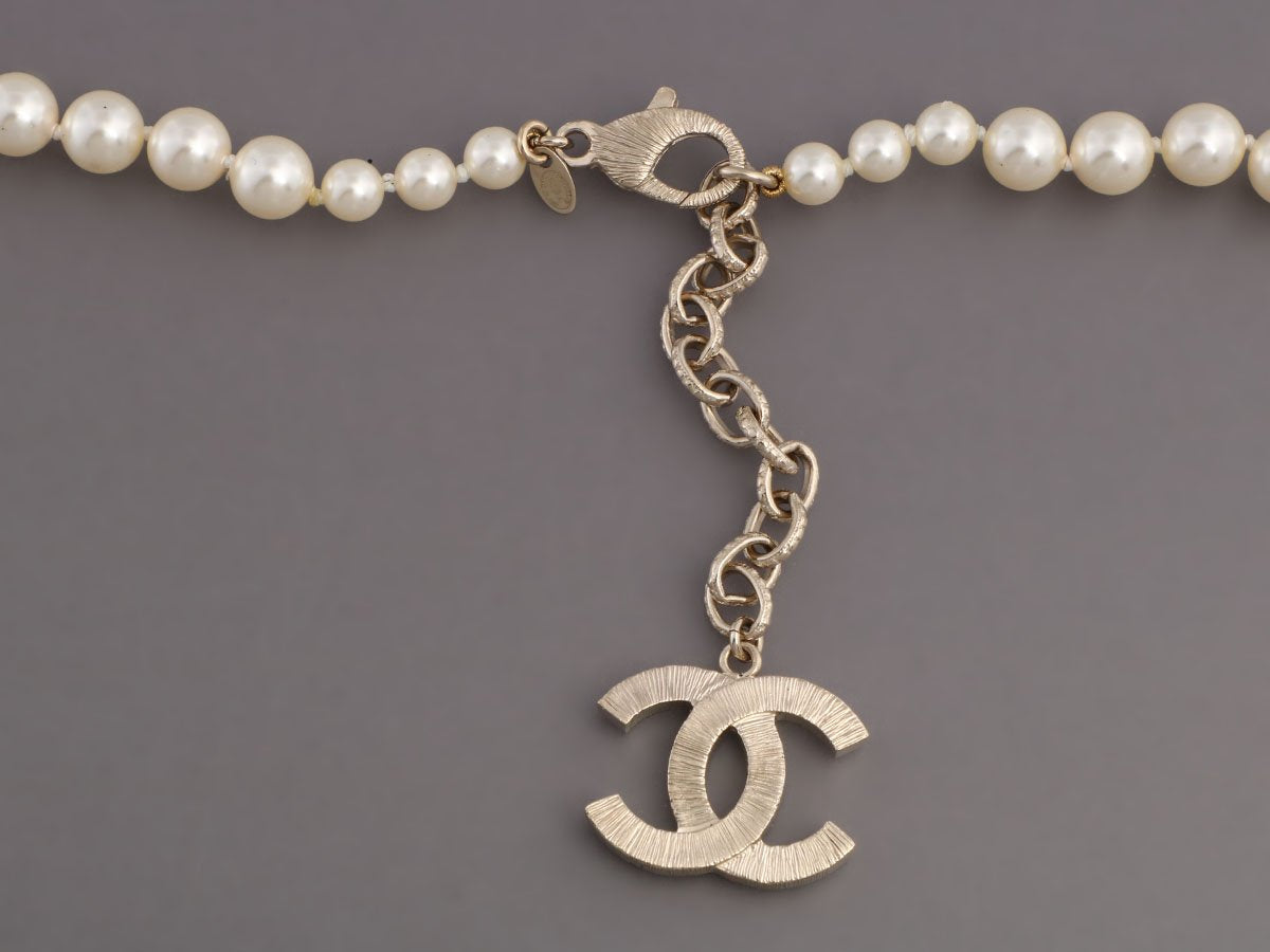 Chanel Long Gold-Tone Faux Pearl Logo Necklace