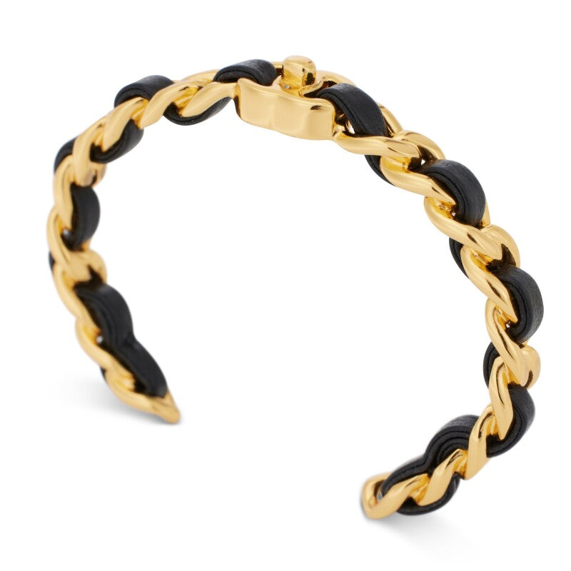 CHANEL BLACK & GOLD METAL AND LAMBSKIN CLASSIC CC TURNLOCK CUFF BRACELET