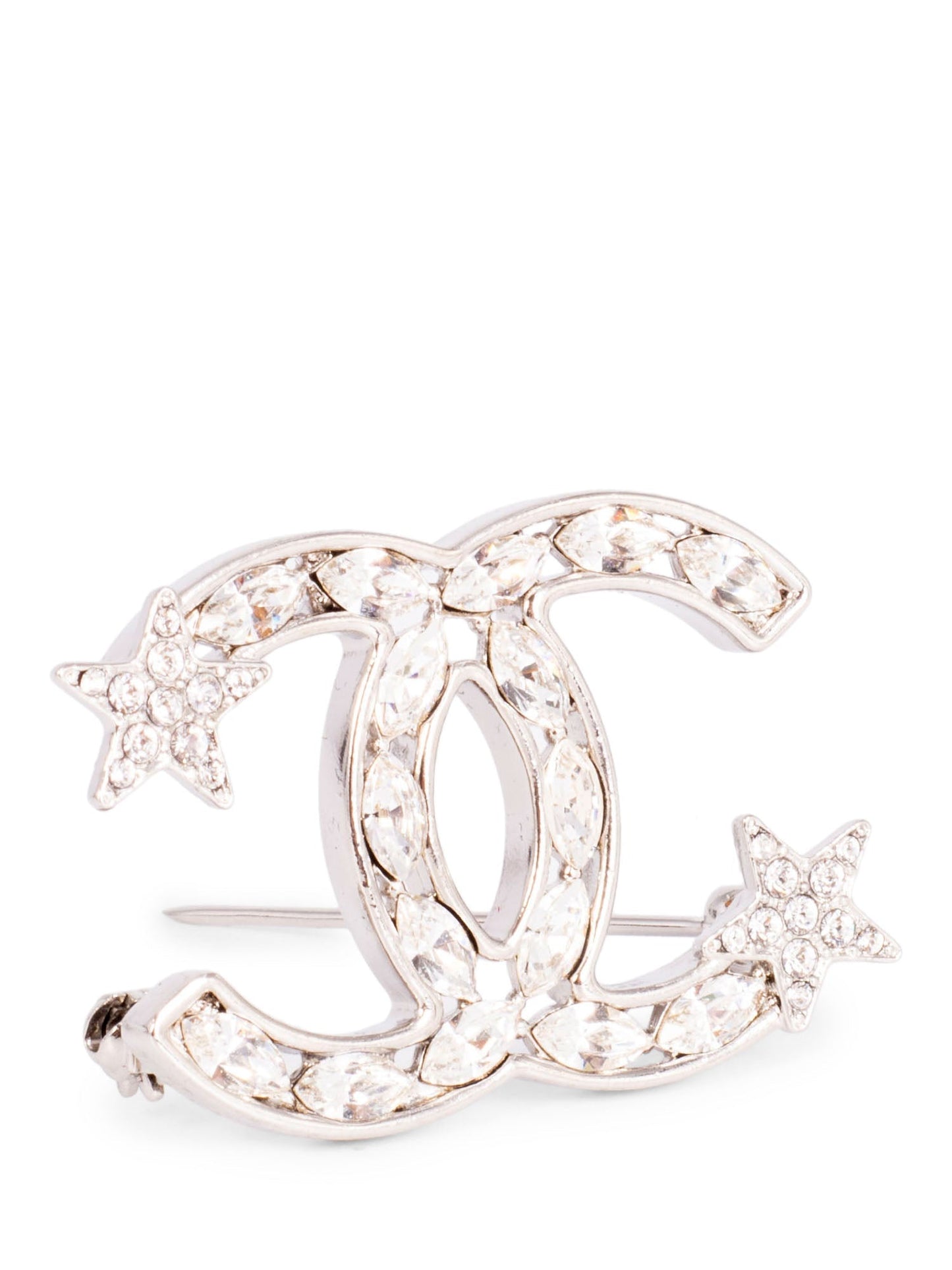 Chanel CC Logo Swarovski Crystal Star Pin Brooch Silver