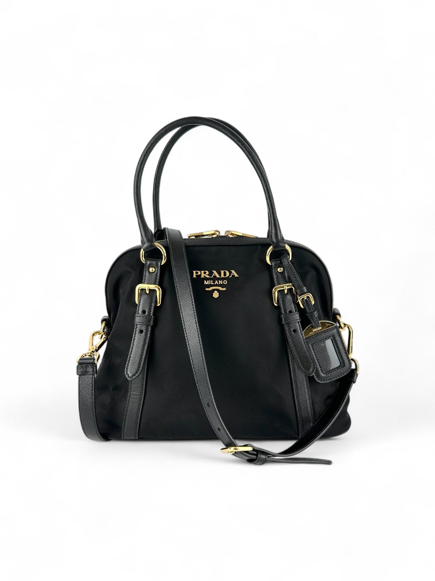 Prada Tessuto Nylon Saffiano Leather Black 2Way Handbag