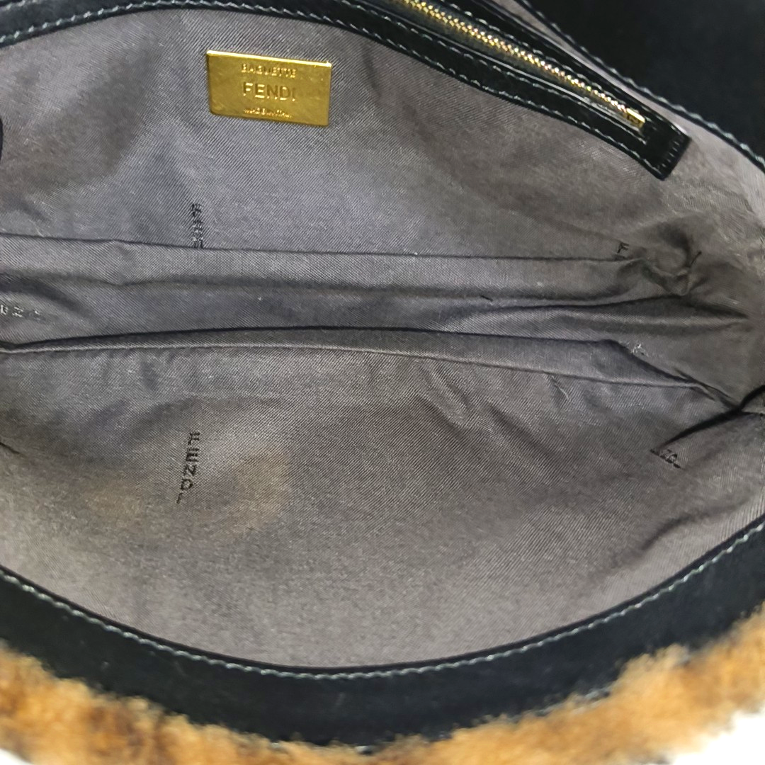 Fendi Baguette Medium Shearling Vitello Dolce Marco FF 1974 Tobacco Black Brown Zucca