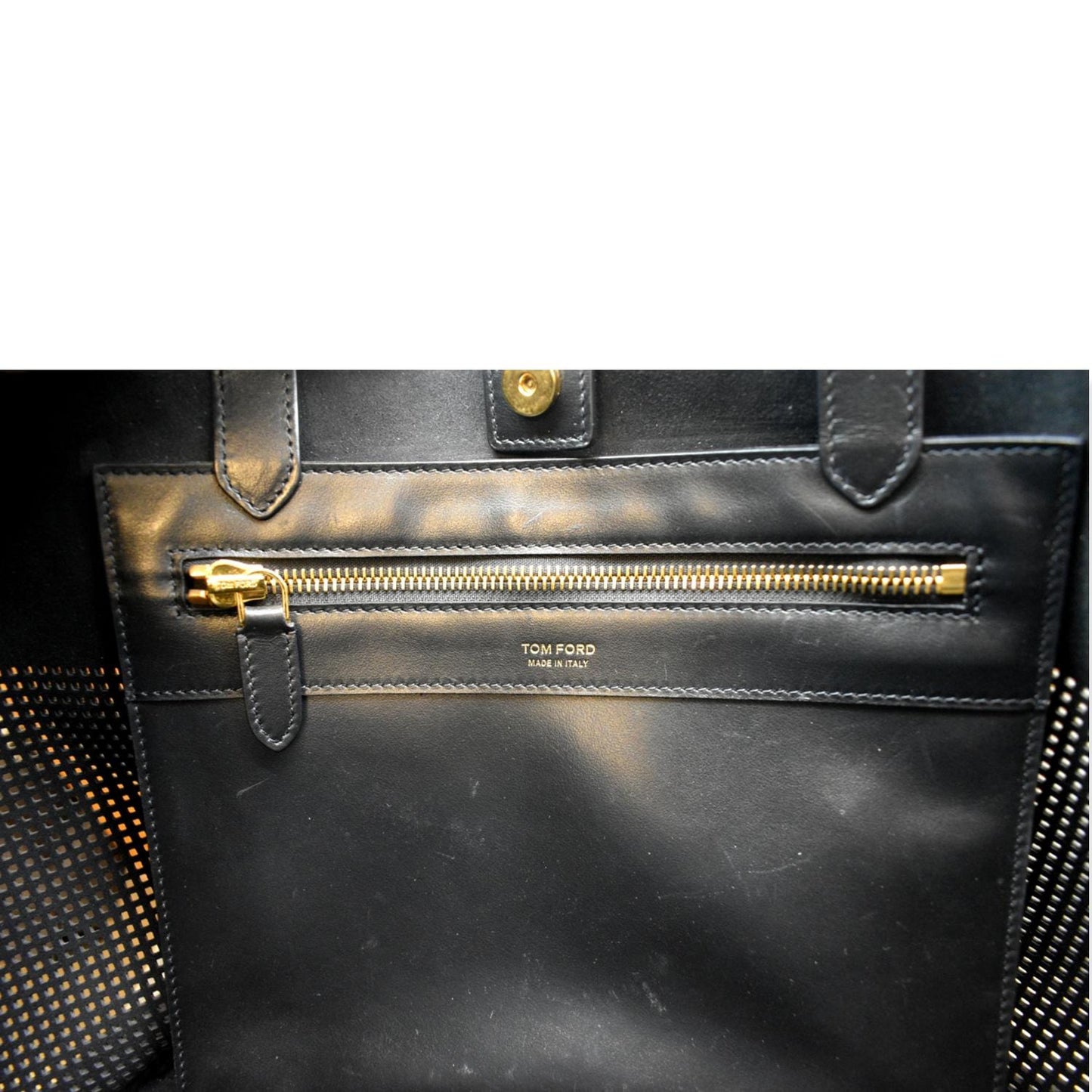 TOM FORD East/West Graphic T Perforated Leather Tote Bag Black