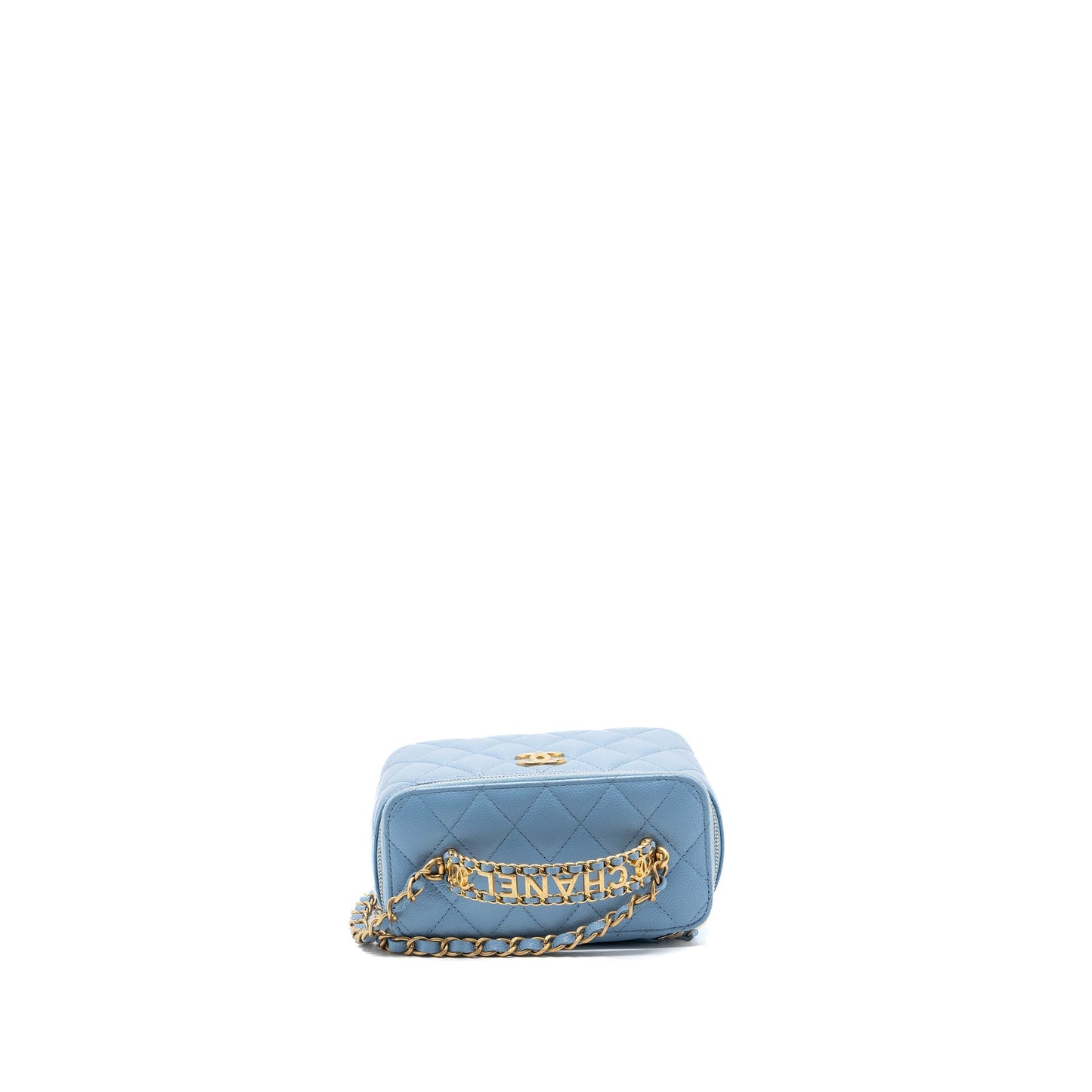Chanel detailed top handle long vanity with chain caviar light blue GHW