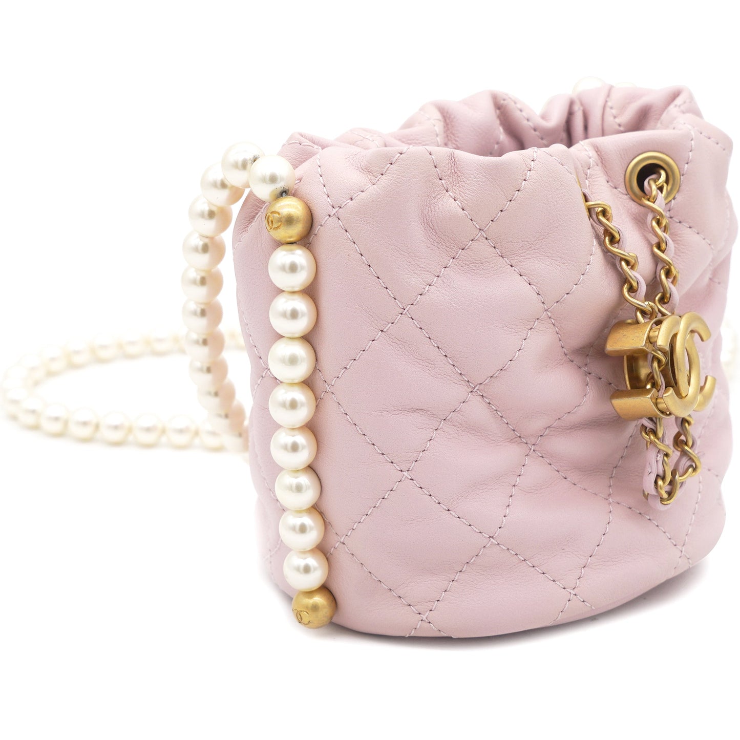 Chanel Calfskin Quilted Pearl Mini About Pearls Drawstring Bucket Light Pink