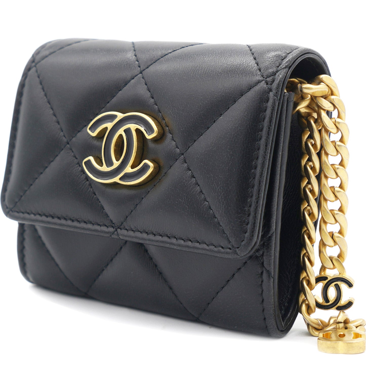 Chanel Black Quilted Lambskin Leather cc Enamel Card Holder with Chain