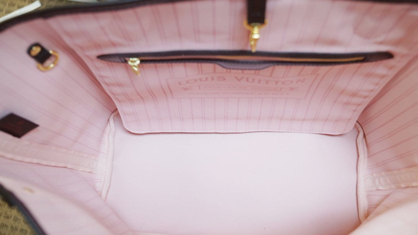 LOUIS VUITTON Damier Ebene ROSE BALLERINE Neverfull MM NM Tote