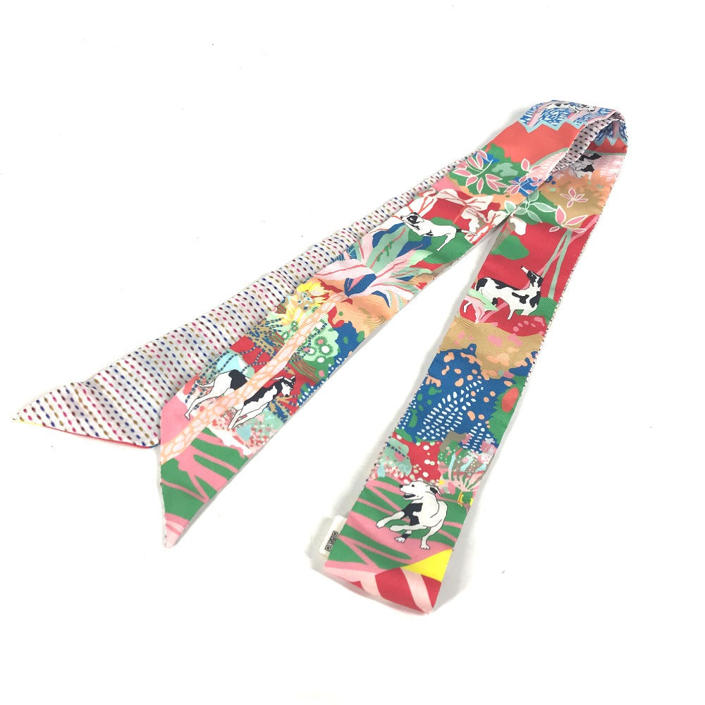 HERMES scarf silk multicolor Embroidery dog puppy dog Twilly Twins Women d