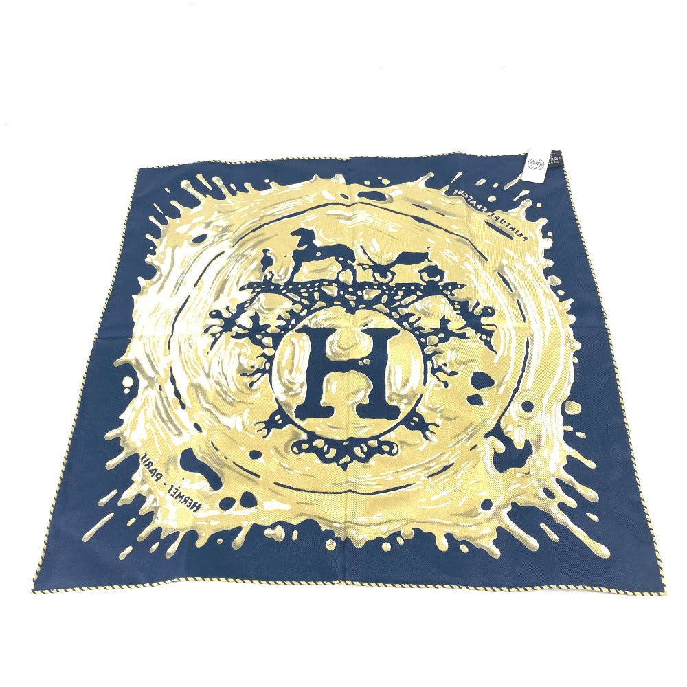 HERMES scarf silk Navy x gold gavroche PEINTURE FRAICHE Freshly painted Women d