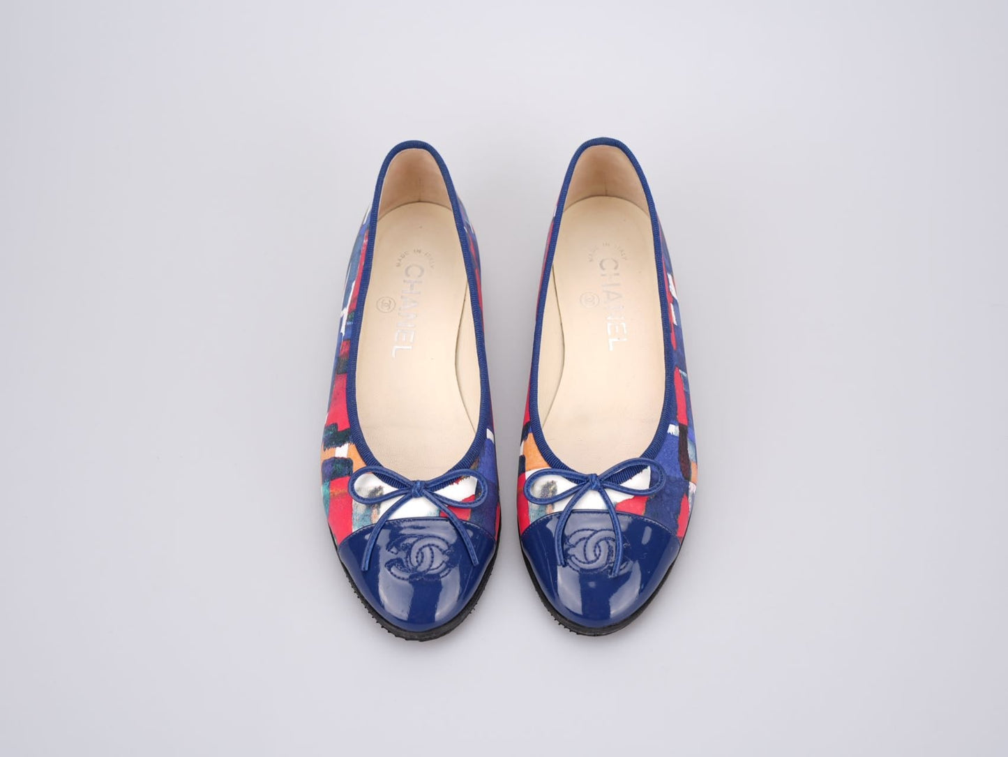 Chanel Multicolor Abstract Patent CC Cap Toe Ballerina Flats Size 37