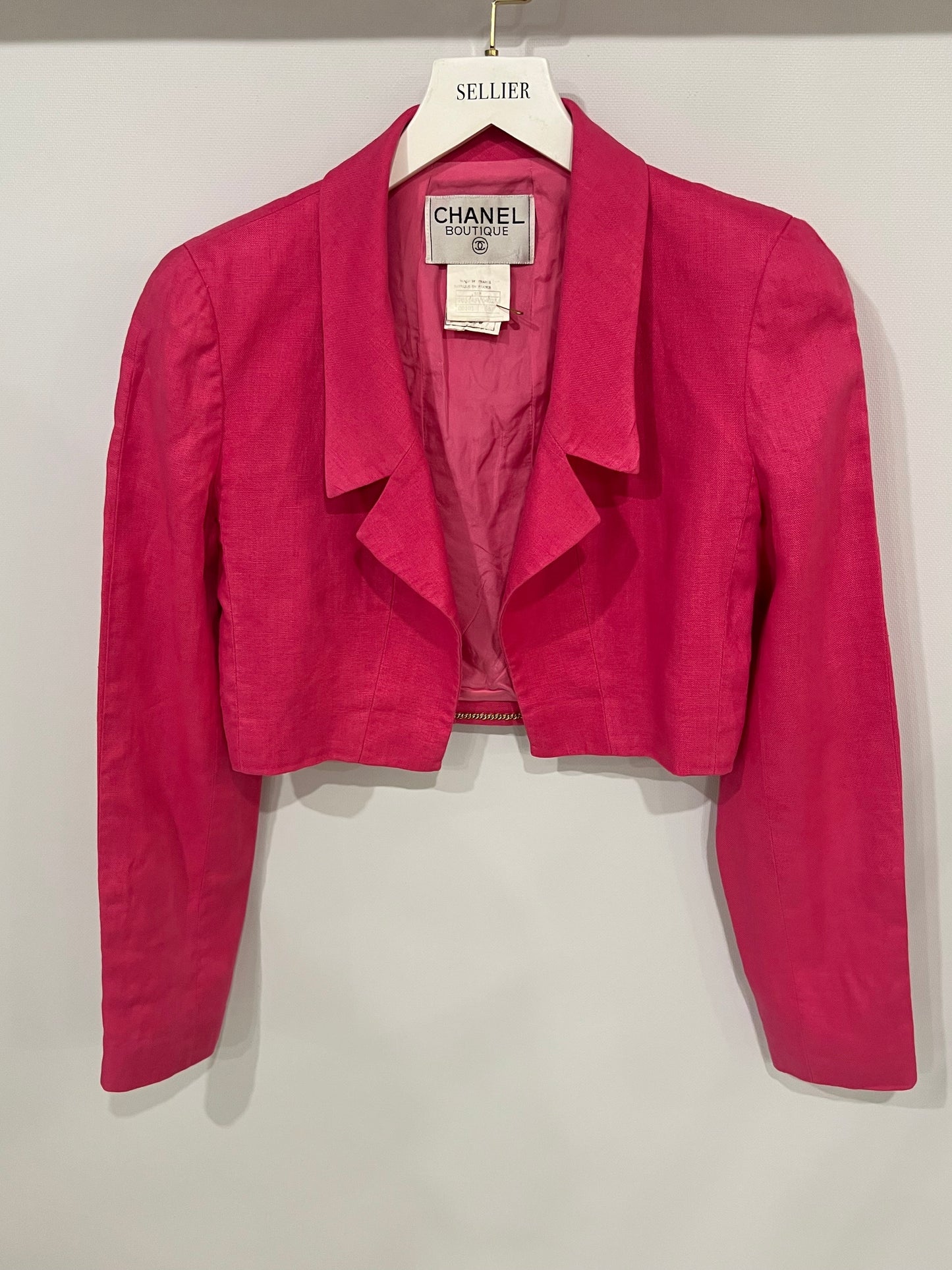 Chanel 95/P Barbie Pink Linen Mini Dress and Cropped Jacket Set with Gold CC Logo Buttons Size FR 38 (UK 10)