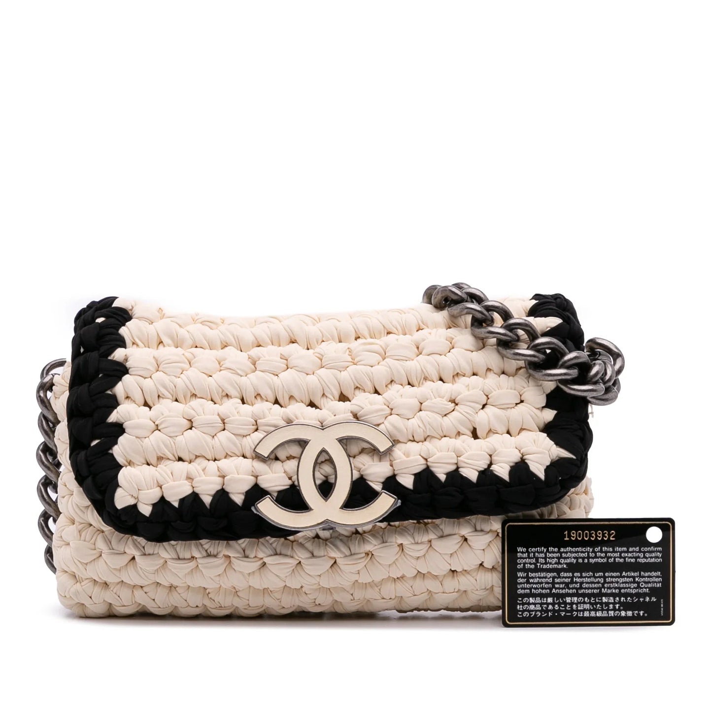 White Chanel Neoprene Fancy Crochet Flap Shoulder Bag