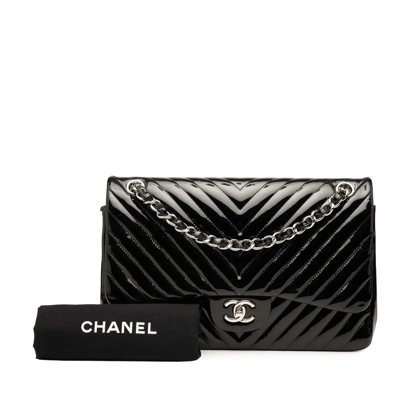 Black Chanel Jumbo Classic Chevron Patent Double Flap Shoulder Bag