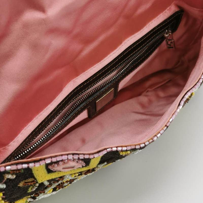 Fendi Baguette Brown Canvas with embroidery sequins mirrors and tassels