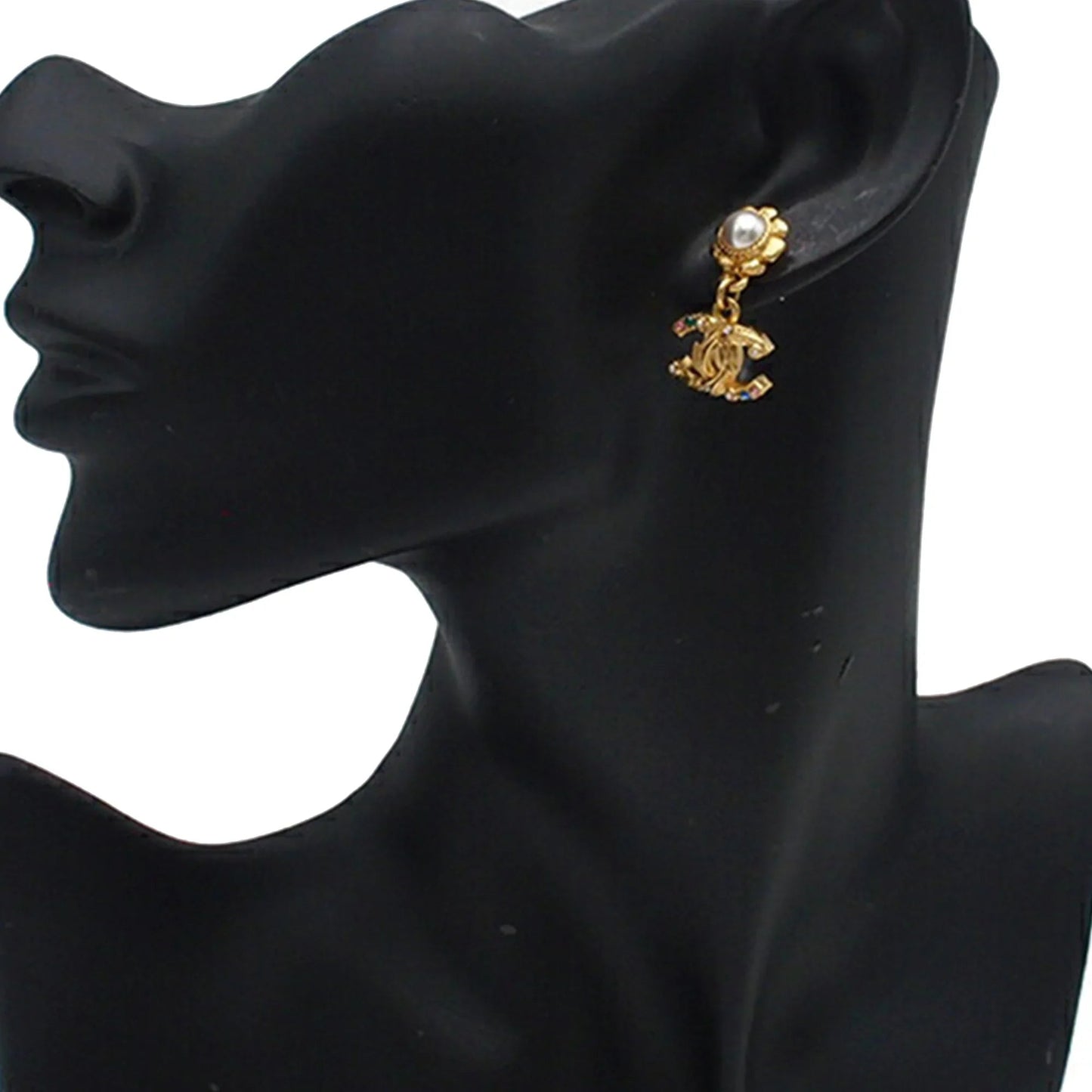 Gold Chanel CC Gold Plated Faux Pearl and Rhinestone Swing Push Back Earrings