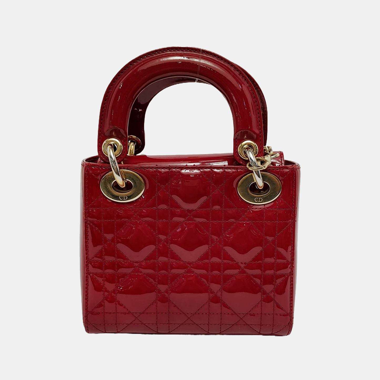 Lady Dior Mini Handbag Burgundy Red Patent Leather Gold-tone Chain Strap