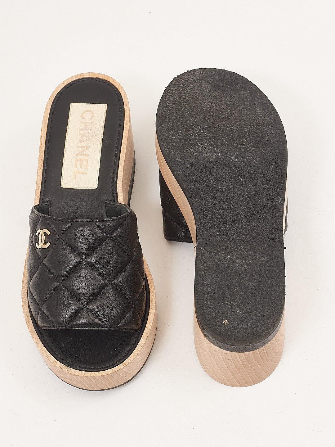 Chanel Black Leather Quilted Mule Slide Wooden Platform - 38