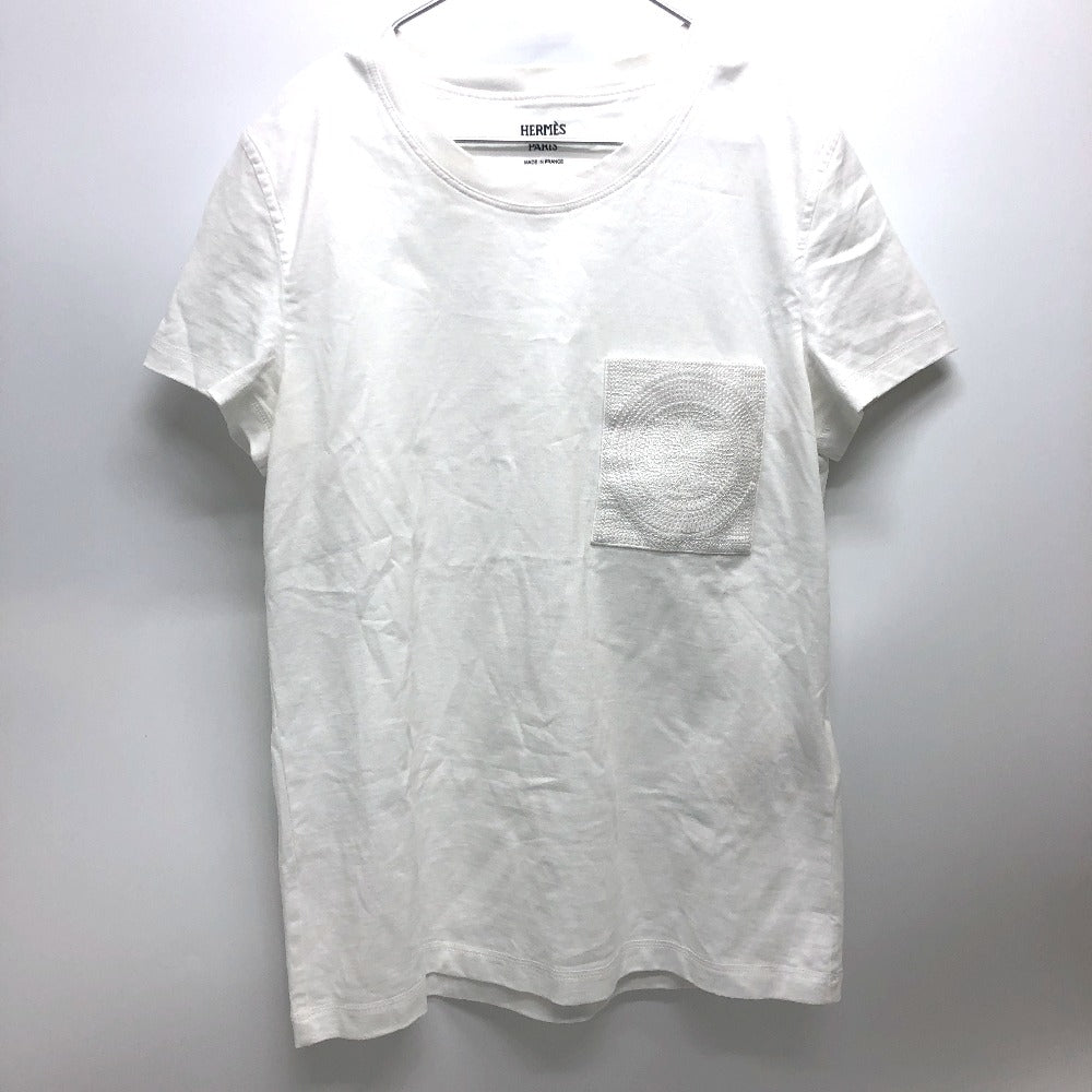 HERMES Short sleeve T-shirt cotton white Embroidered Mosaic H Logo Pocket Women 34 d