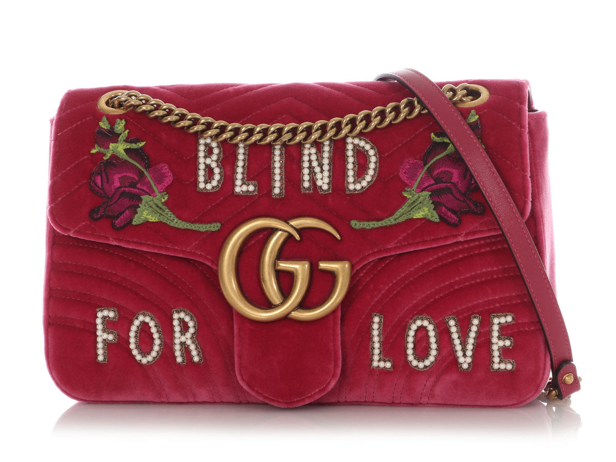 Gucci Medium Light Raspberry Velvet Matelassé Blind for Love Embroidered GG Marmont Shoulder Bag