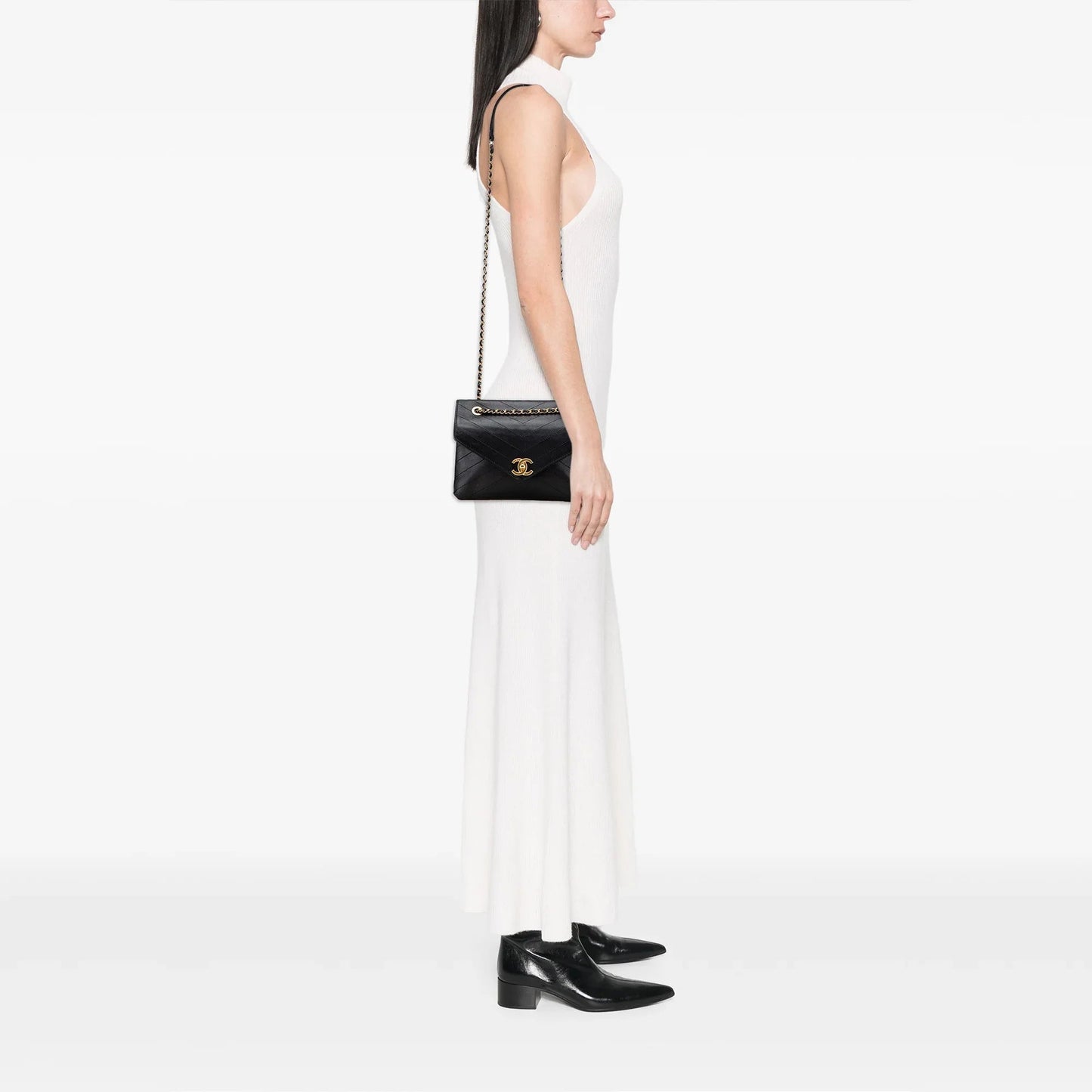 Black Chanel Small Chevron Lambskin Stitched Envelope Flap Shoulder Bag