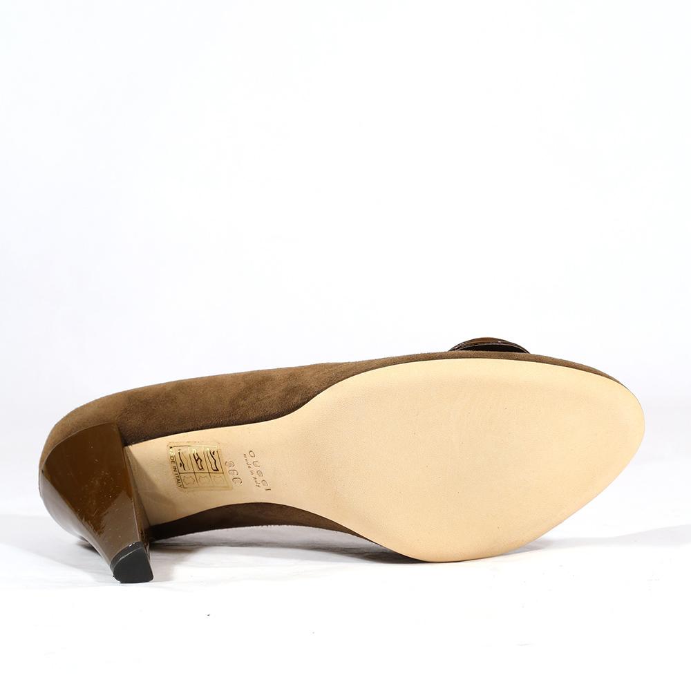 Gucci Women's Designer Shoes Dapple Gray / Brown Suede and Napa Logo Pump
