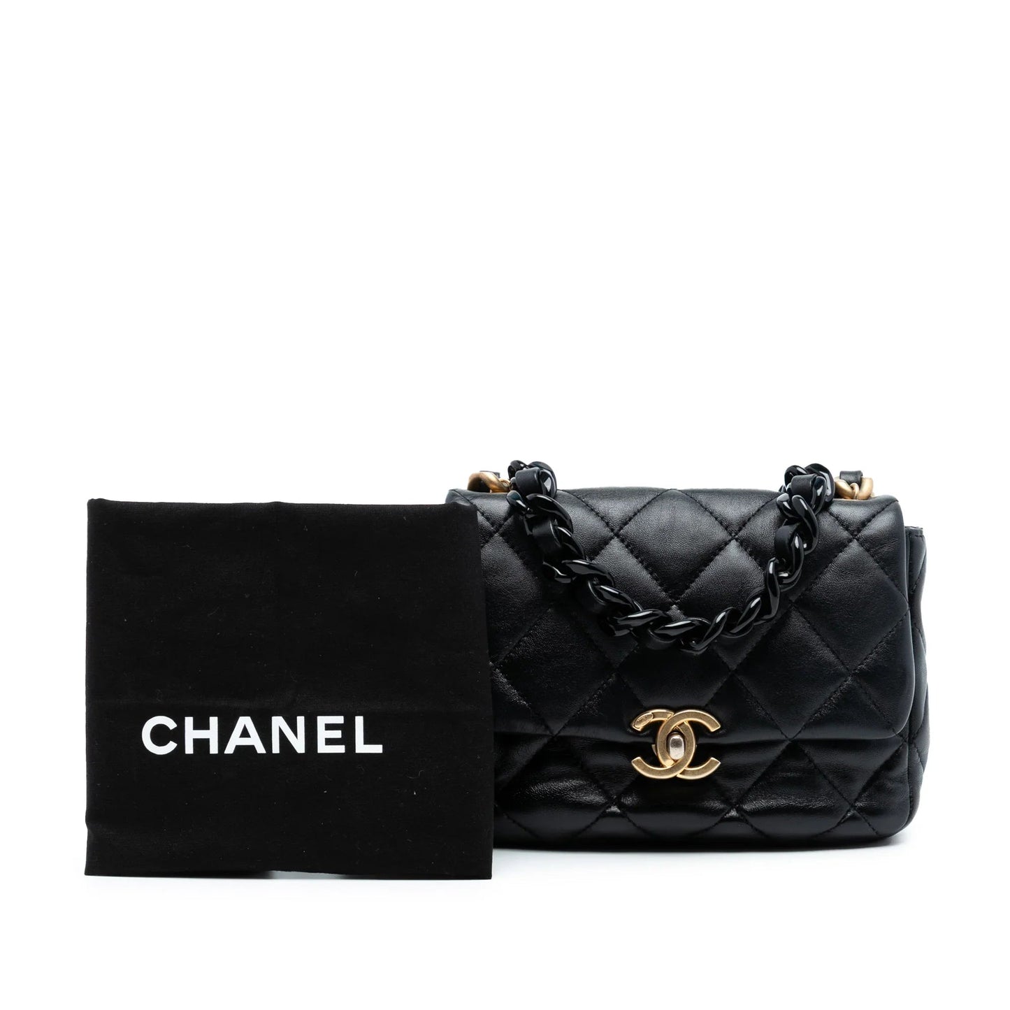 Black Chanel Mini Quilted Lambskin Lacquered Chain Flap Crossbody Bag