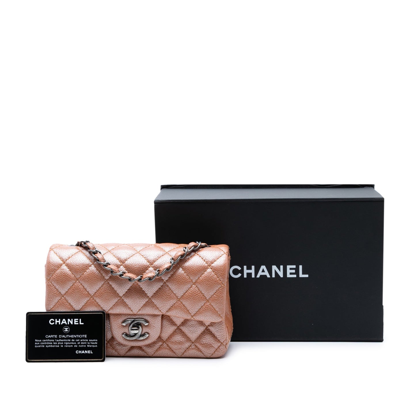 Pink Chanel Mini Rectangular Classic Metallic Caviar Single Flap Crossbody Bag