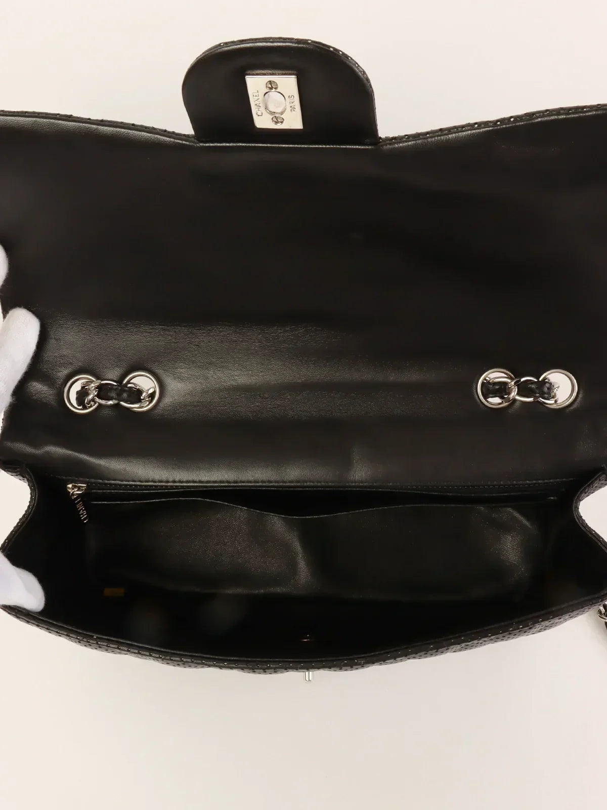 CHANEL Around 2007 Punching Leather Turn-Lock Chain Shoulder Bag Black