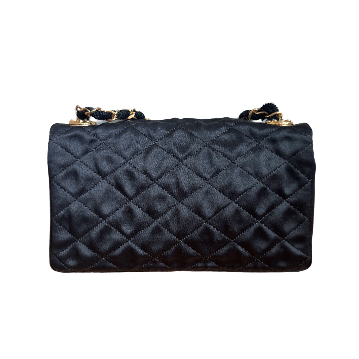 Chanel Classic Flap Mini Black Silk Satin Gem CC Buckle Crossbody Bag
