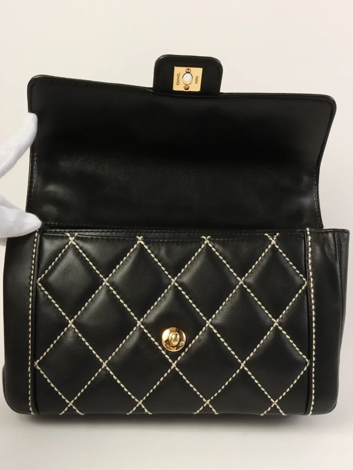 CHANEL Around 2004 Made Wild Stitch Turn-Lock Top Handle Bag Black