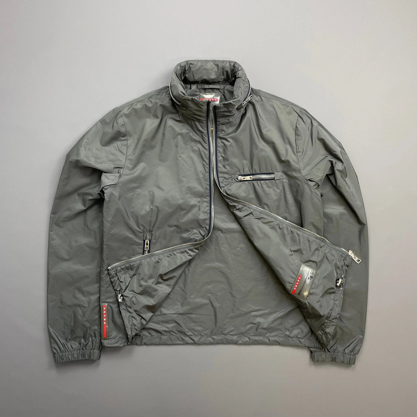 Prada Grey 2015 Contrast Stripe Zip Concealed Hood Nylon Windbreaker Jacket