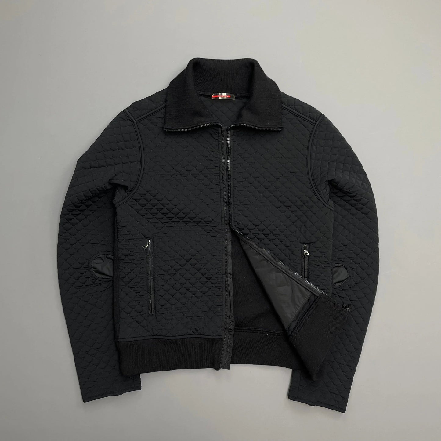 Prada Sport Black 00s Wool & Nylon Quilted Knit Hybrid Cardigan Jacket