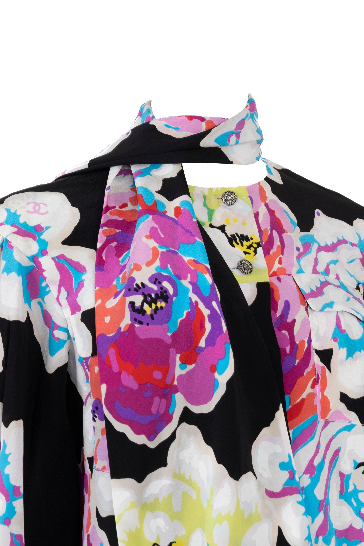 CHANEL 2010 Shawl Collar Camellia Silk Blo Multicolor
