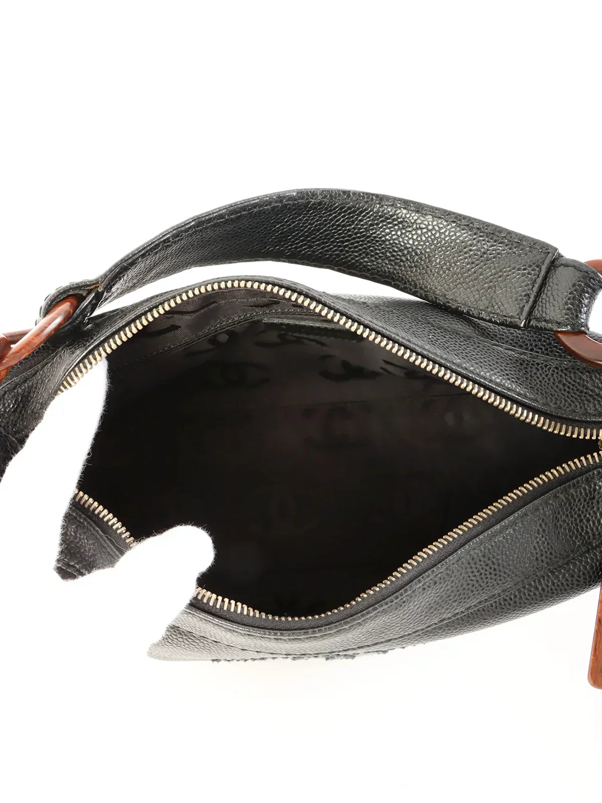 CHANEL Around 2002 Made Caviar Skin Cc Mark Stitch Wood Chain Top Handle Bag Black
