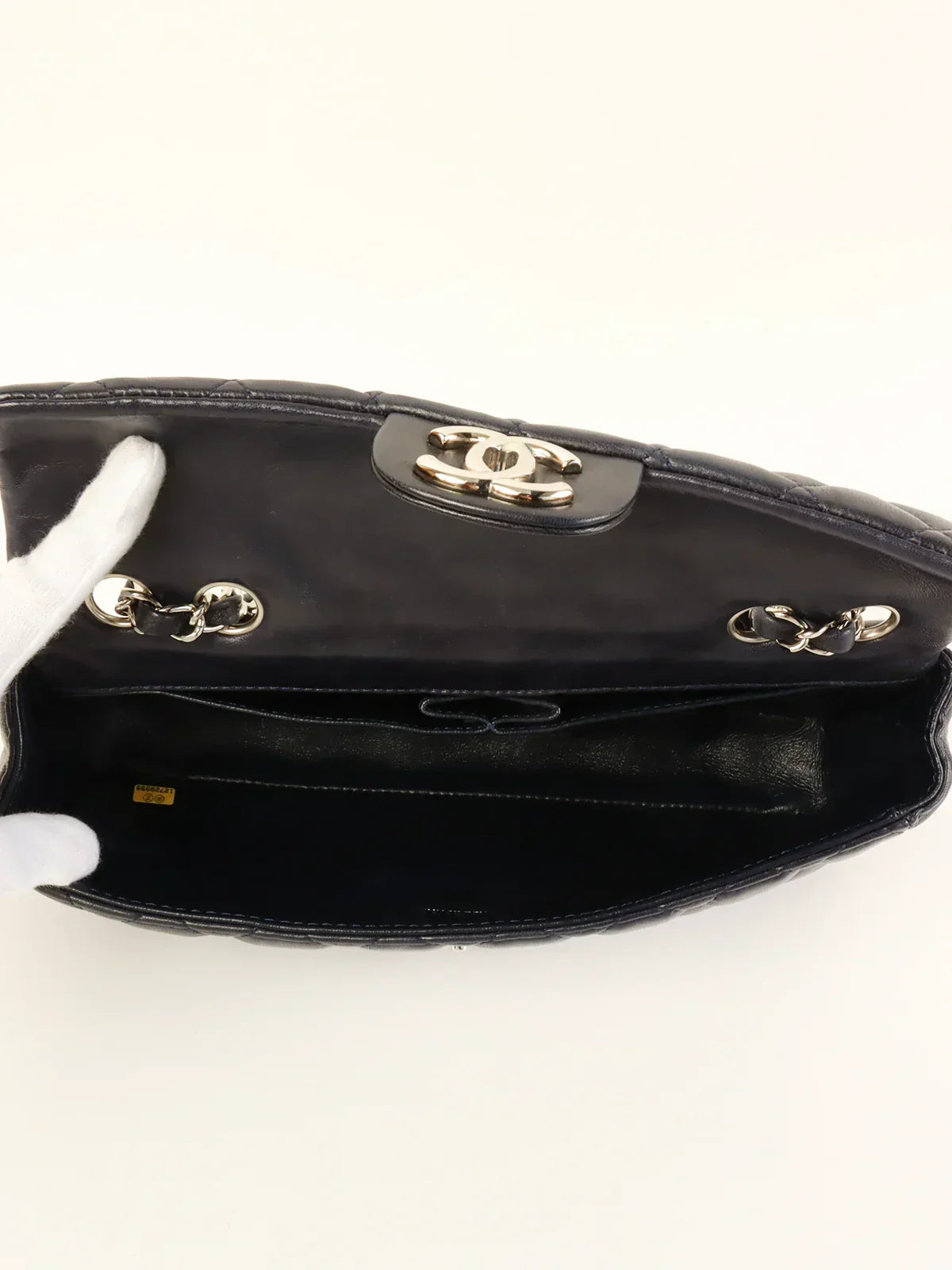 CHANEL Around 2008 Made East West Classic Flap Chain Bag Navy