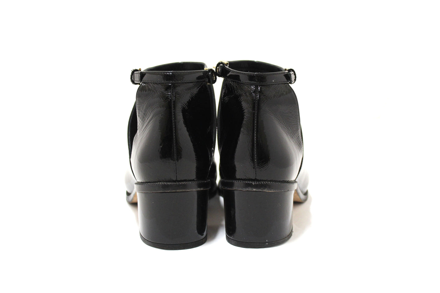 Chanel Black Patent Leather Peep Toe Short Ankle Boots .