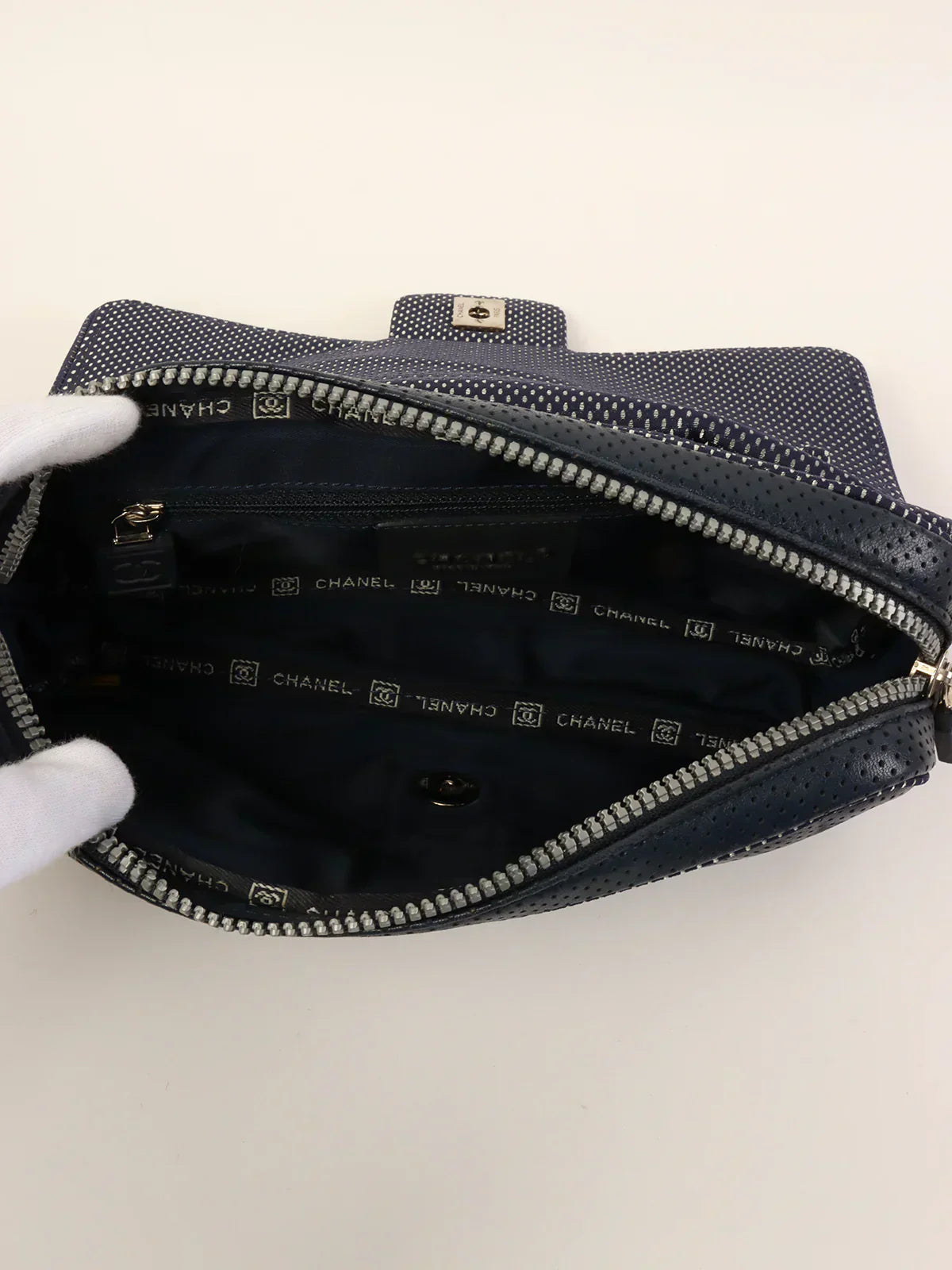 CHANEL Around 2004 Made Sport Line Punching Turn-Lock Chain Bag Navy/White