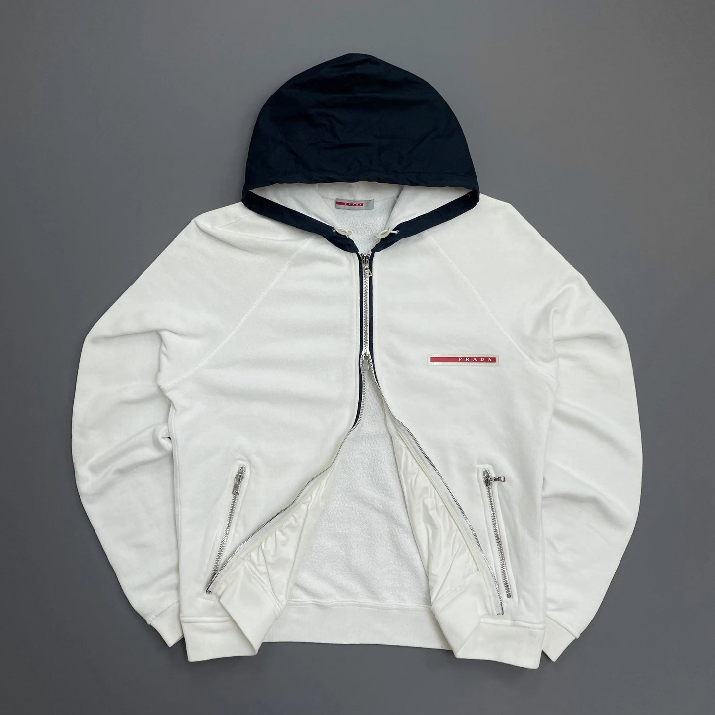 Prada Sport White 2006 Navy Hood Cotton Zip-Through Hoodie