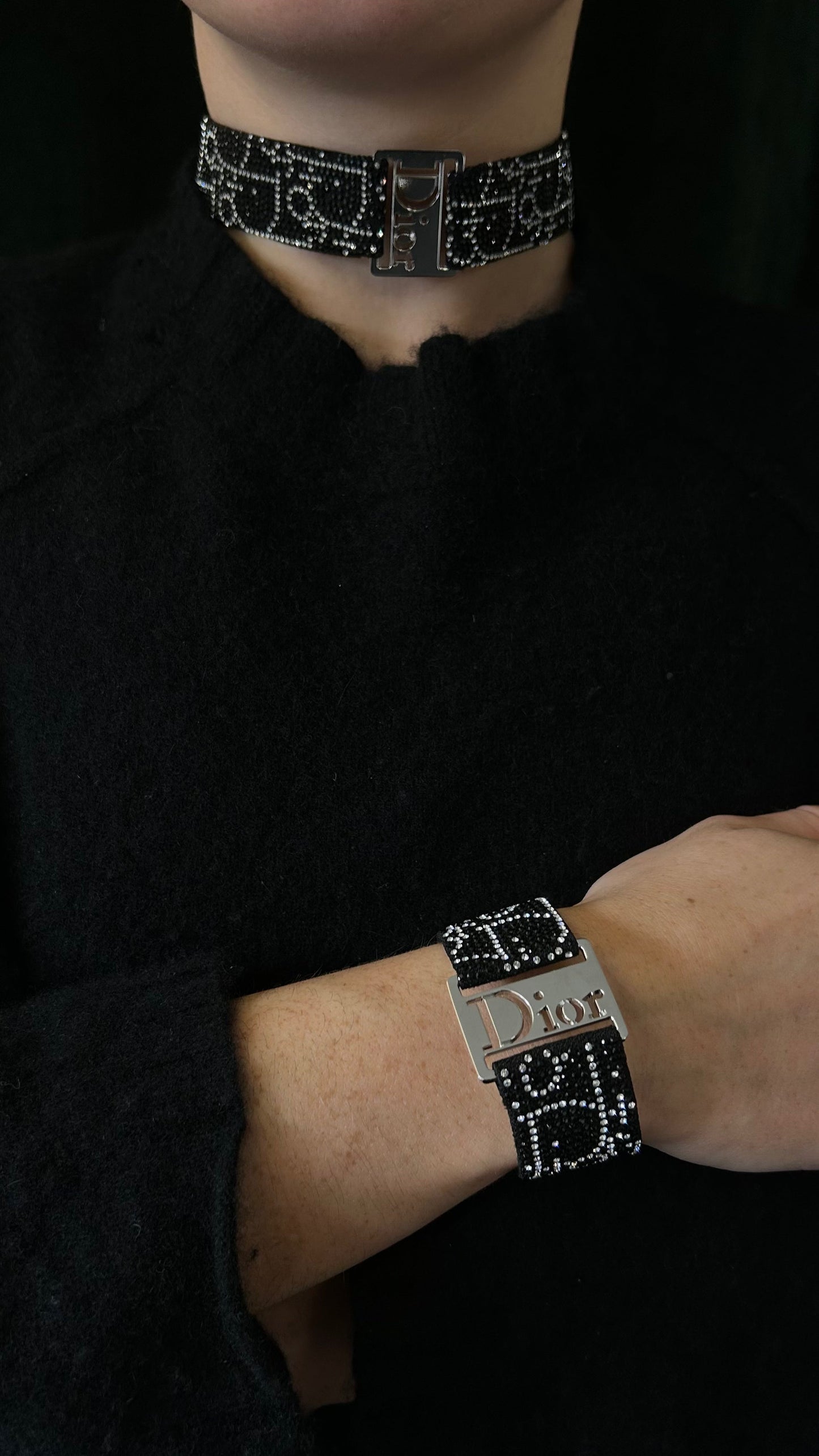 CHRISTIAN DIOR Oblique Strass Leather Bracelet Black Silver