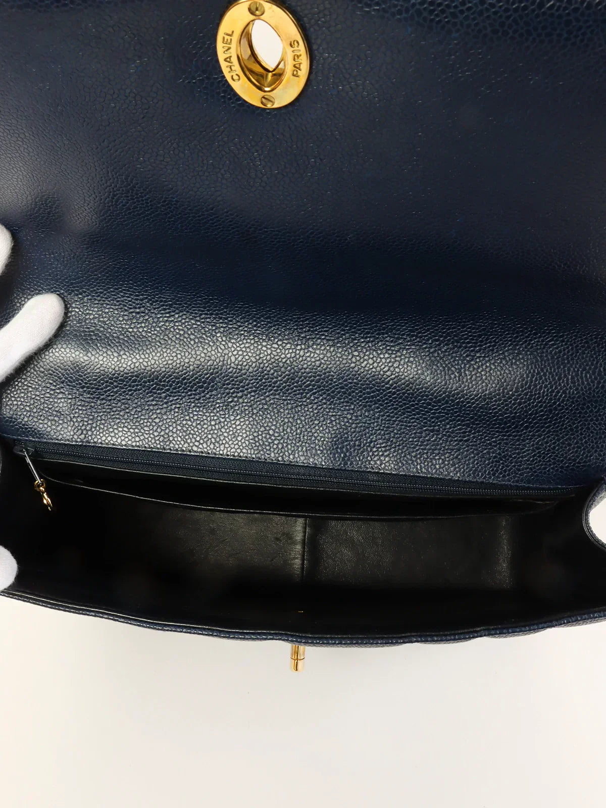 CHANEL Around 1995 Made Caviar Skin Mademoiselle Stitch Turn-Lock Top Handle Bag Navy