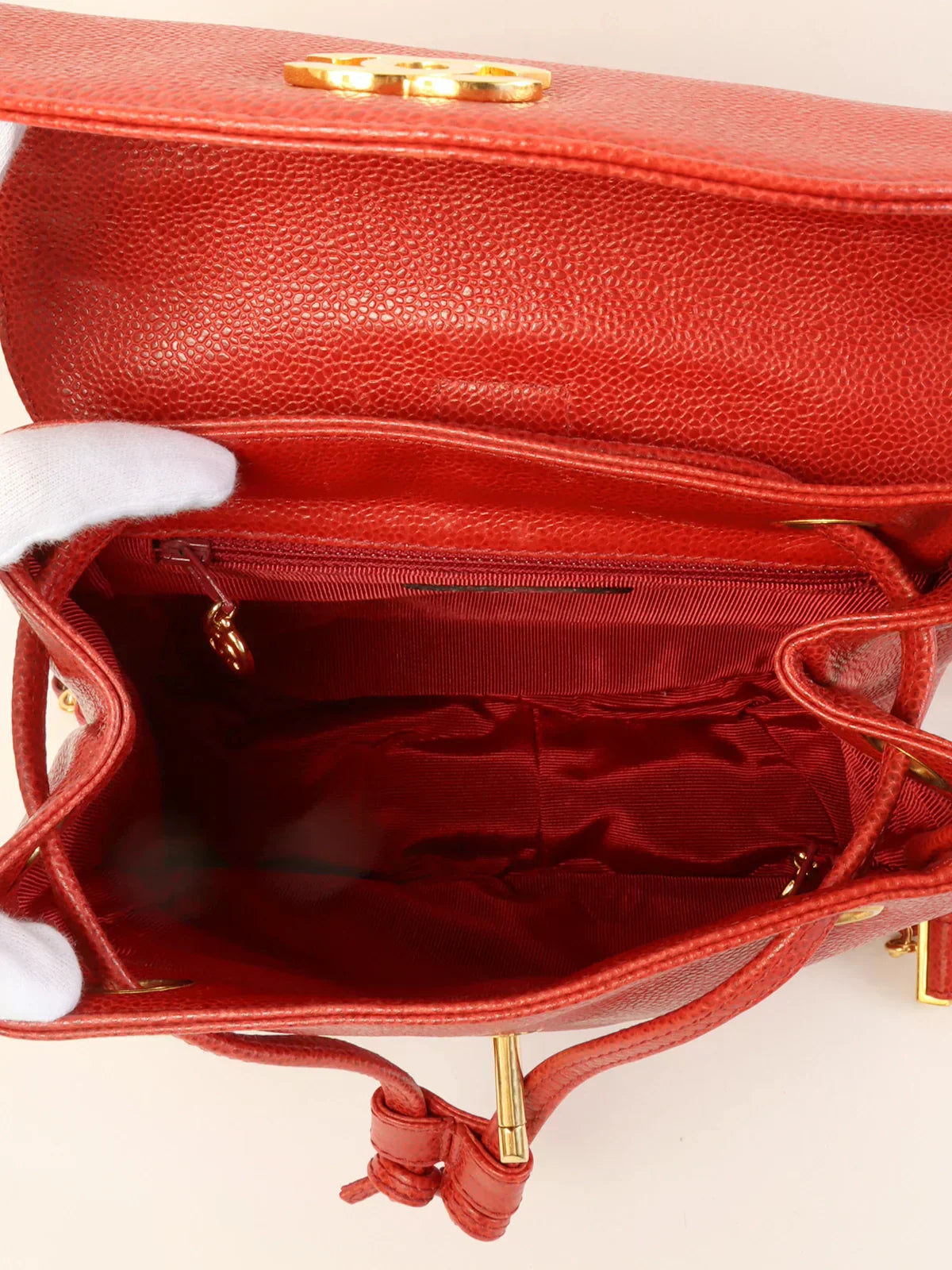 CHANEL Around 1995 Made Caviar Skin 6 Cc Mark Stitch Turn-Lock Backpack Red