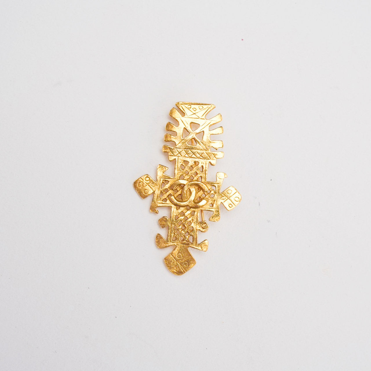 Chanel Gold Plated CC Logos Cross Brooch