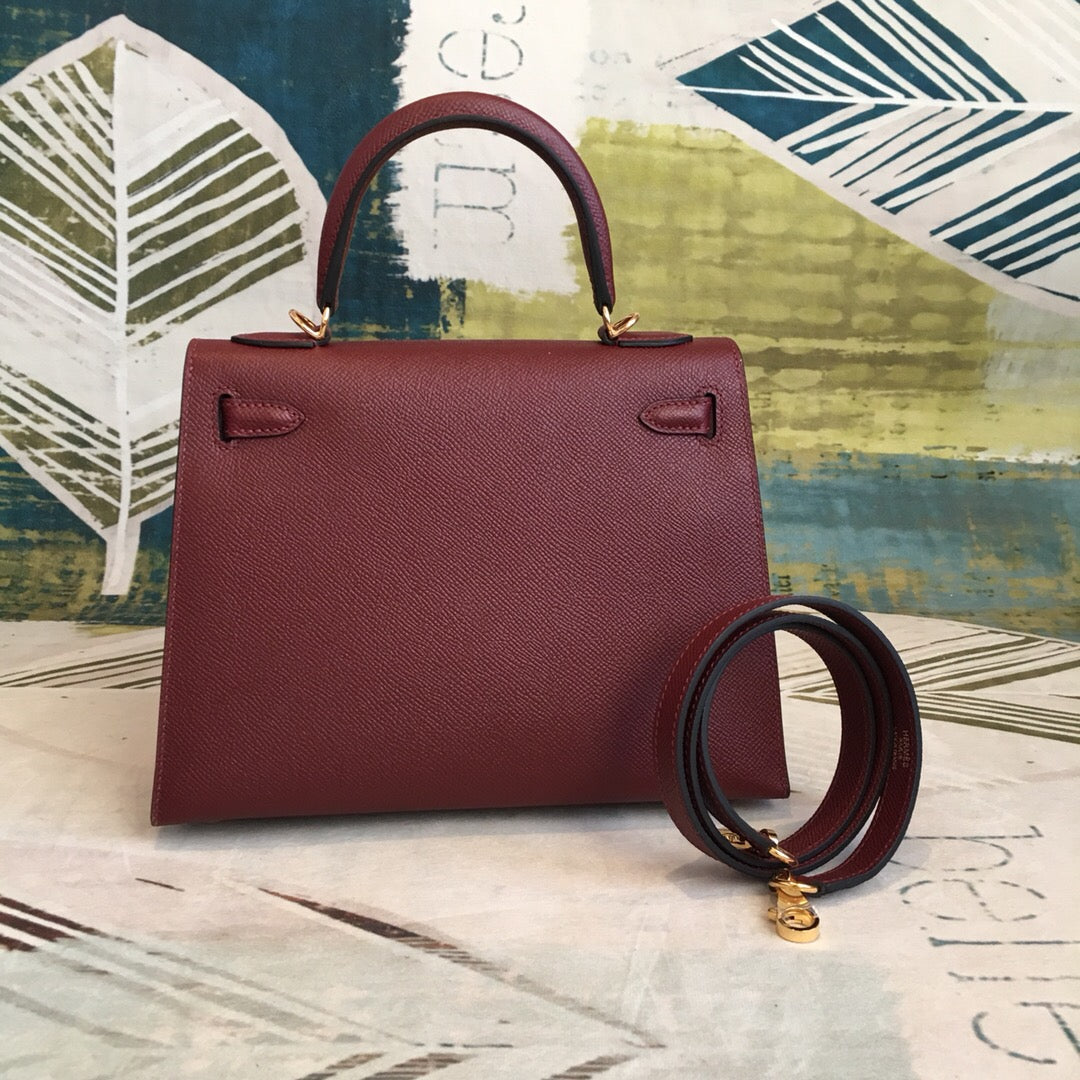 Top Quality Kelly Burgundy For Women Gold Toned Hardware 10in/25cm