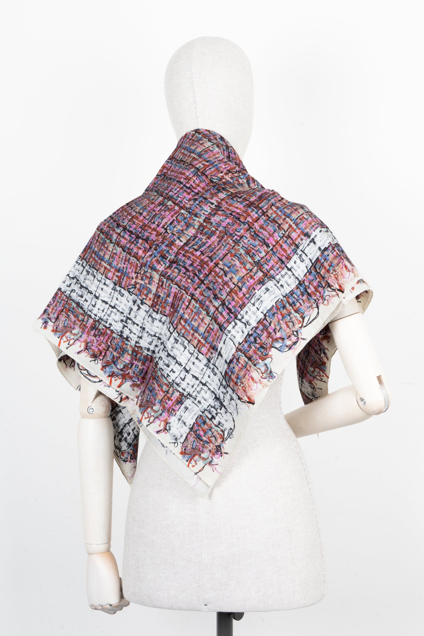 CHANEL Tweed Print Scarf Silk Pink White