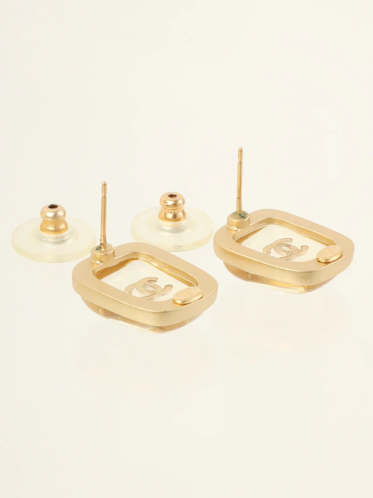 CHANEL 2001 Made Square Cc Mark Pierced Earrings Clear/Gold