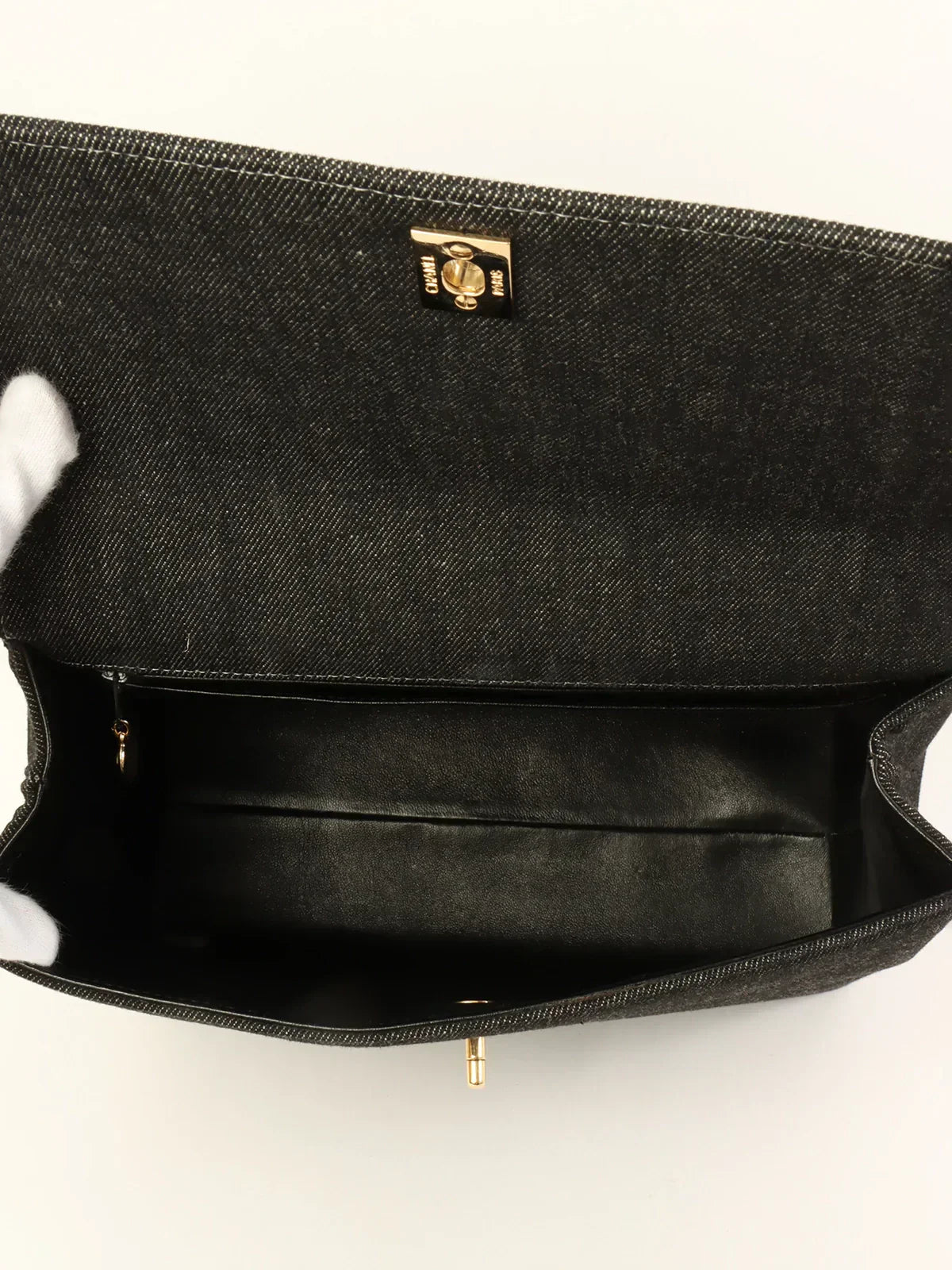 CHANEL Around 1998 Made Denim Turn-Lock Top Handle Bag Black