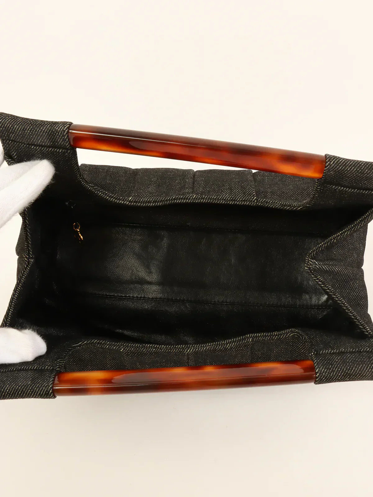 CHANEL Around 1998 Made Denim Tortoiseshell Logo Top Handle Bag Black