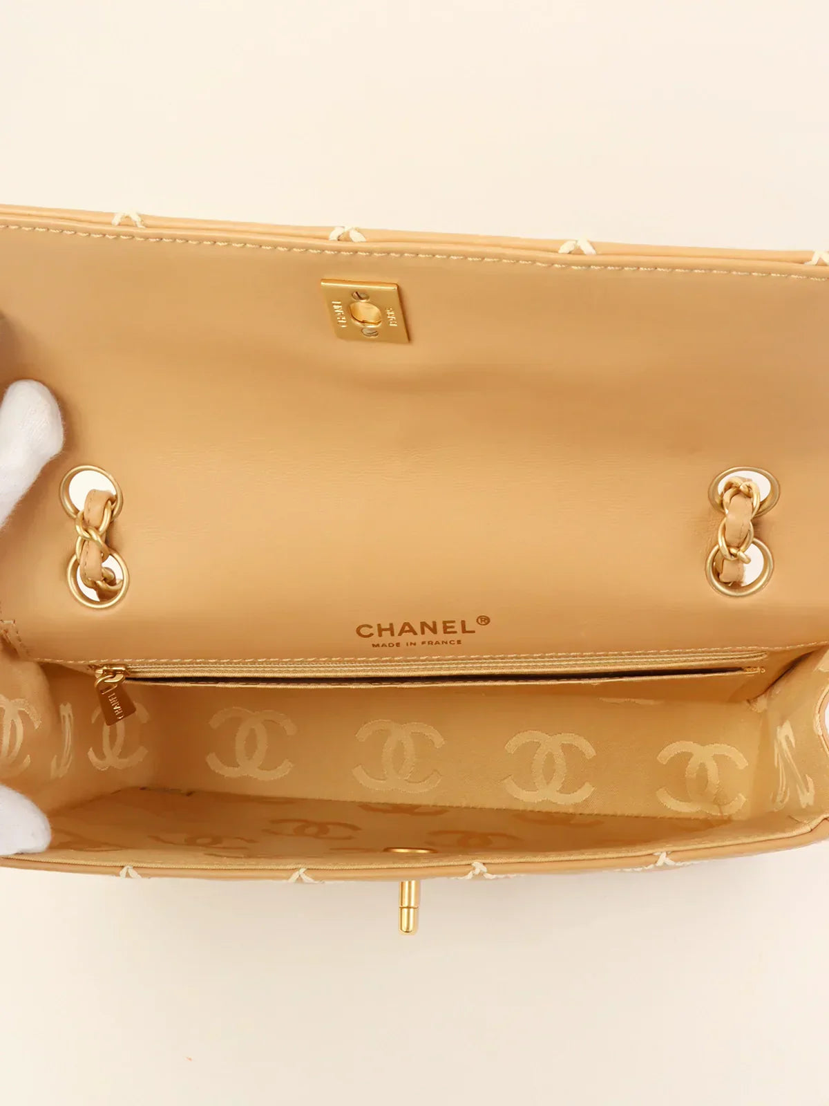 CHANEL Around 2003 Made Wild Stitch Turn-Lock Chain Bag Beige