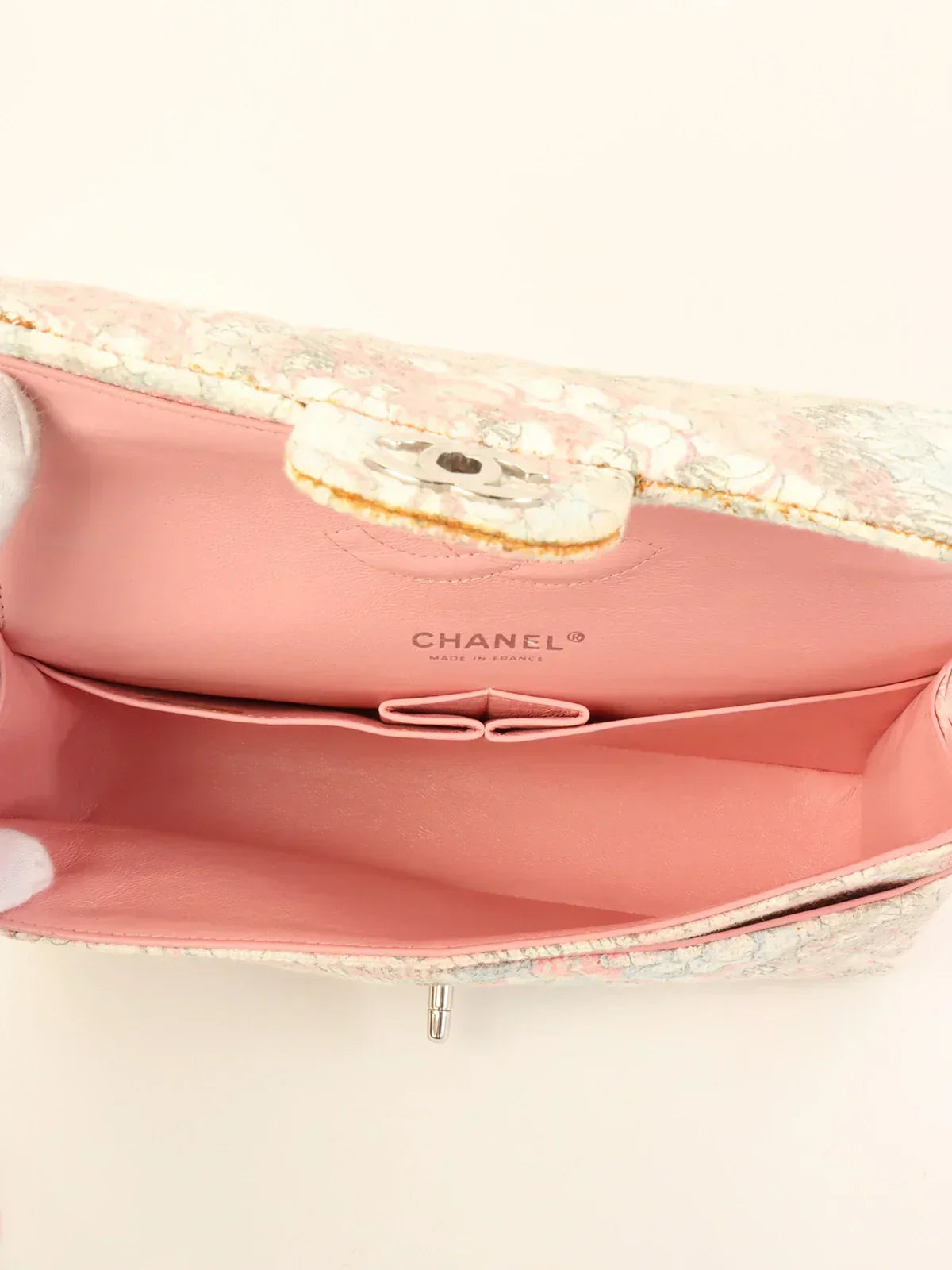 CHANEL Around 2009 Made Tweed Camellia Print Classic Flap Chain Bag 25Cm White/Multi