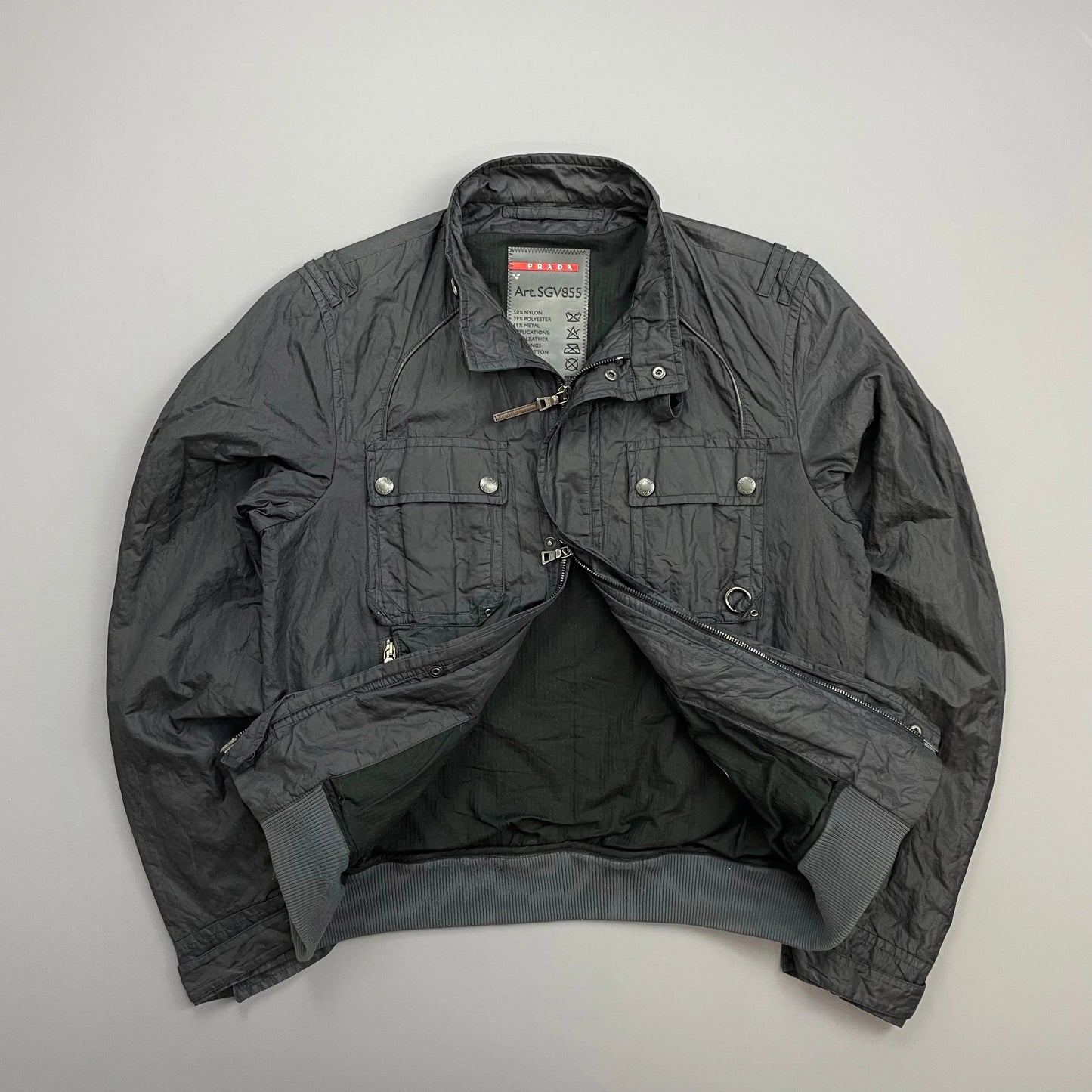 Prada Sport Grey/Navy 2006 Nylon Mixed Metal Biker Jacket