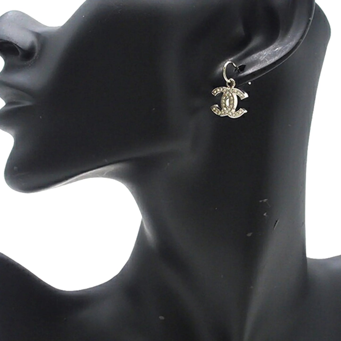 Silver Chanel Silver Plated Crystal CC Drop Push Back Earrings